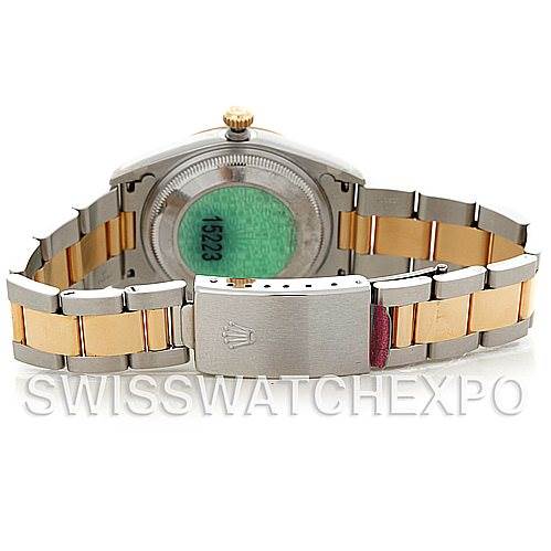 This image shows a Rolex Date 15223 Men's Steel and Gold (two tone) Silver Dial 15223 Men's Steel and Gold (two tone) Silver Dial model watch from the back, highlighting the case back, bracelet, and clasp.