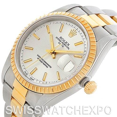 This image shows a Rolex Date 15223 Men's Steel and Gold (two tone) Silver Dial 15223 Men's Steel and Gold (two tone) Silver Dial watch from an angled view, highlighting the dial, bezel, crown, and part of the bracelet.