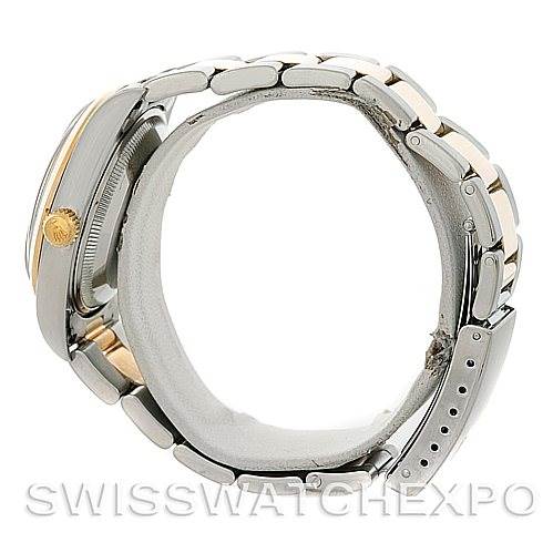 The image shows a side view of a Rolex Date 15203 Men's Steel and Gold (two tone) Black Dial 15203 Men's Steel and Gold (two tone) Black Dial model watch, highlighting the bracelet, clasp, and case.