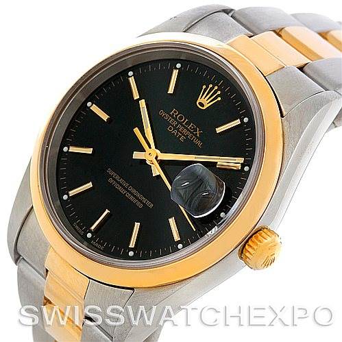 The image shows a Rolex Date 15203 Men's Steel and Gold (two tone) Black Dial 15203 Men's Steel and Gold (two tone) Black Dial model watch at a slight angle, displaying its face, bezel, and part of the bracelet.