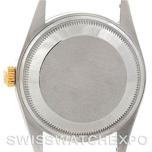 The image shows the case back and crown of a Rolex Date 15203 Men's Steel and Gold (two tone) Black Dial 15203 Men's Steel and Gold (two tone) Black Dial model watch from a straight-on angle.