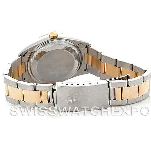 The image shows the back and bracelet of a Rolex Date 15203 Men's Steel and Gold (two tone) Black Dial 15203 Men's Steel and Gold (two tone) Black Dial model watch, highlighting its two-tone metal finish and clasp.