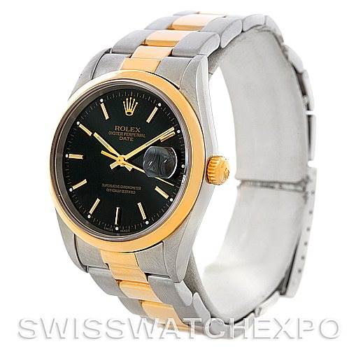 This image shows a Rolex Date 15203 Men's Steel and Gold (two tone) Black Dial 15203 Men's Steel and Gold (two tone) Black Dial model watch at an angle displaying the dial, bezel, bracelet, and crown.