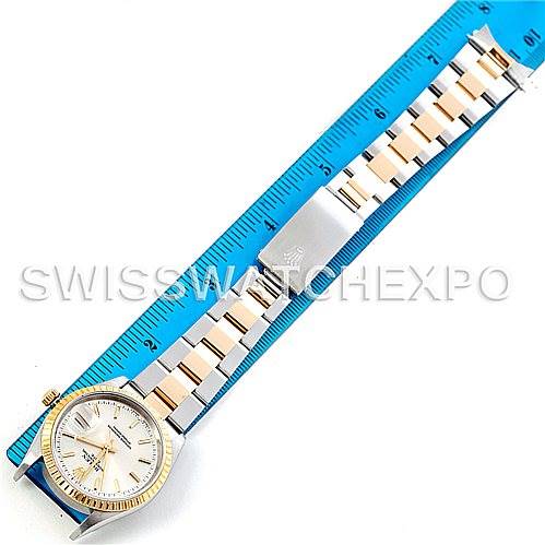 The image shows a Rolex Date 15223 Men's Steel and Gold (two tone) Silver Dial 15223 Men's Steel and Gold (two tone) Silver Dial model watch, displayed flat with a ruler for size reference.