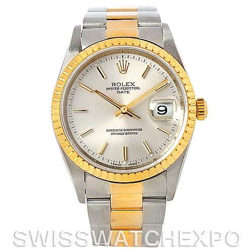 The image shows a front view of a Rolex Date 15223 Men's Steel and Gold (two tone) Silver Dial 15223 Men's Steel and Gold (two tone) Silver Dial model watch, highlighting its two-tone bracelet, bezel, dial, and date window.
