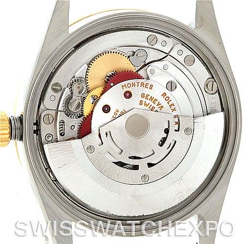 This image shows the internal mechanism and movement components of a Rolex Date 15223 Men's Steel and Gold (two tone) Silver Dial 15223 Men's Steel and Gold (two tone) Silver Dial model from the back, without the case back.