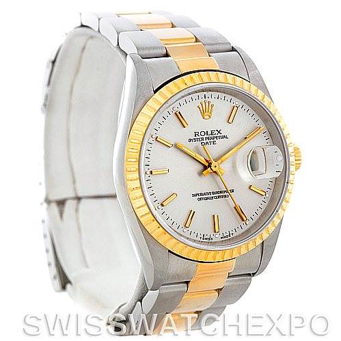 The image shows a Rolex Date 15223 Men's Steel and Gold (two tone) Silver Dial 15223 Men's Steel and Gold (two tone) Silver Dial model watch at a slight angle, highlighting its dial, bezel, and two-tone bracelet.