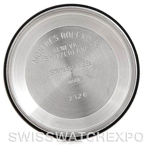 This is the inside of the case back for a Rolex Date 15200 Men's Stainless Steel Black Dial 15200 Men's Stainless Steel Black Dial model watch, showing the engraved text and stainless steel material.