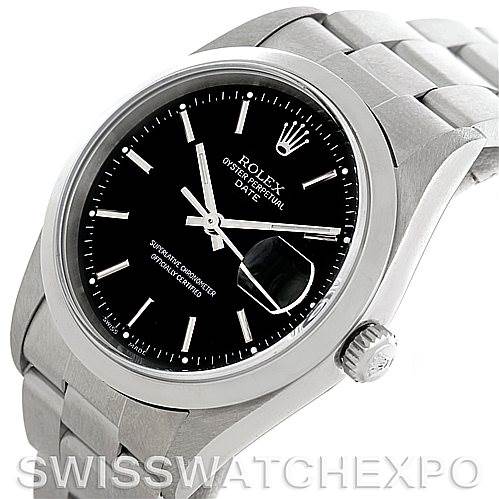 The image shows a Rolex Date 15200 Men's Stainless Steel Black Dial 15200 Men's Stainless Steel Black Dial model watch angled to display the face, crown, and part of the bracelet.