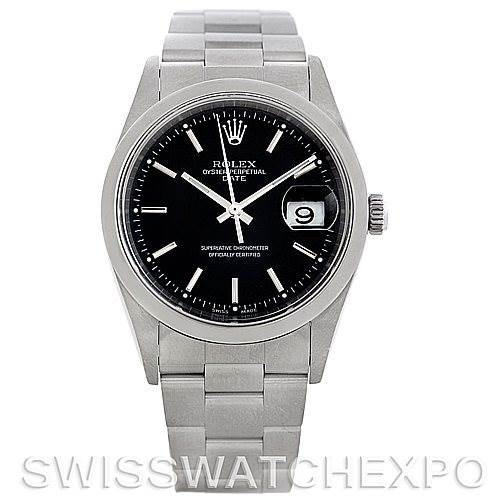 The image shows a front view of a Rolex Date 15200 Men's Stainless Steel Black Dial 15200 Men's Stainless Steel Black Dial model watch, displaying the dial, bracelet, and crown.
