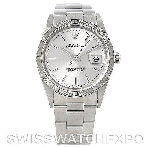 The image shows a front view of a Rolex Date 15210 Men's Stainless Steel Silver Dial 15210 Men's Stainless Steel Silver Dial model watch, displaying the face, bezel, crown, and bracelet.