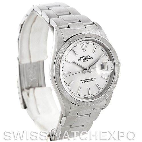 The image shows a Rolex Date 15210 Men's Stainless Steel Silver Dial 15210 Men's Stainless Steel Silver Dial model watch from a front angle, highlighting the dial, bracelet, and clasp.