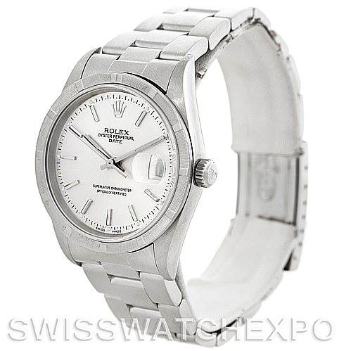 This image shows a Rolex Date 15210 Men's Stainless Steel Silver Dial 15210 Men's Stainless Steel Silver Dial model watch at a slightly angled front view, displaying its face, bezel, crown, and metal bracelet.