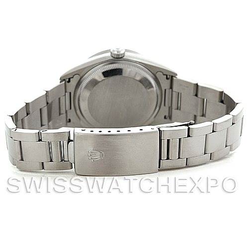 The image shows the back view of a Rolex Date 15210 Men's Stainless Steel Silver Dial 15210 Men's Stainless Steel Silver Dial model watch, highlighting the bracelet and clasp with the Rolex logo.