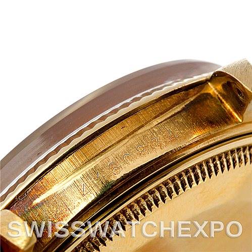 This close-up image shows the side of a Rolex Date 1503 Men's Yellow Gold Champagne Dial 1503 Men's Yellow Gold Champagne Dial model watch case, highlighting part of its serial number and edge.