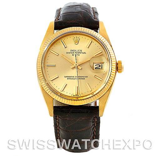 The image shows a front view of a Rolex Date 1503 Men's Yellow Gold Champagne Dial 1503 Men's Yellow Gold Champagne Dial model watch with a gold dial, fluted bezel, and brown leather strap.