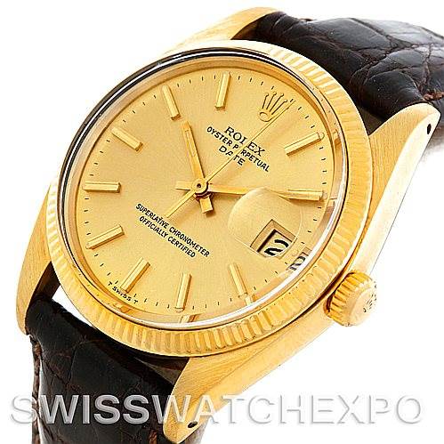 The image shows a Rolex Date 1503 Men's Yellow Gold Champagne Dial 1503 Men's Yellow Gold Champagne Dial model watch at a slight angle, highlighting the dial, bezel, crown, and part of the leather strap.