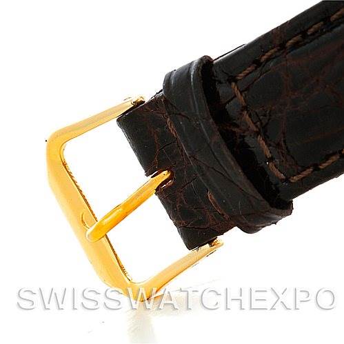 The image shows a close-up view of the buckle and part of the leather strap of a Rolex Date 1503 Men's Yellow Gold Champagne Dial 1503 Men's Yellow Gold Champagne Dial model watch.