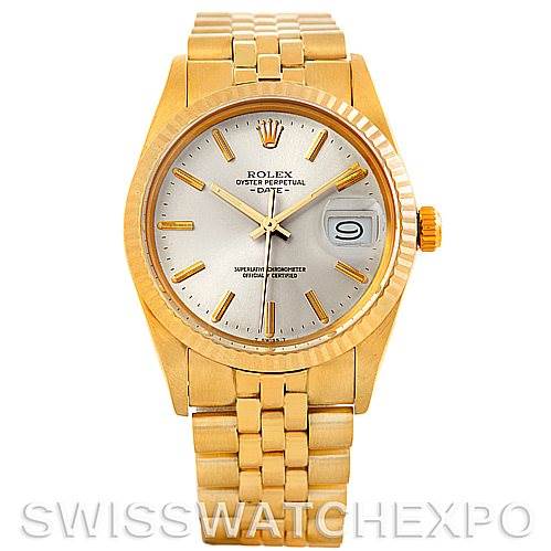 The image shows a front view of a Rolex Date 15037 Men's Yellow Gold Silver Dial 15037 Men's Yellow Gold Silver Dial model watch, including the dial, bezel, crown, and bracelet.