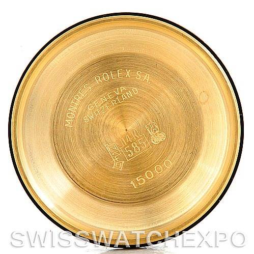 The image shows the inside case back of a Rolex Date 15037 Men's Yellow Gold Silver Dial 15037 Men's Yellow Gold Silver Dial model watch, displaying brand markings and model details.