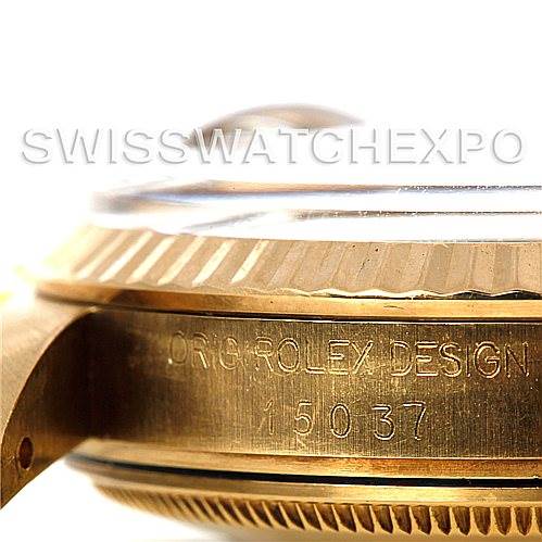 This image shows a close-up side view of the Rolex Date 15037 Men's Yellow Gold Silver Dial 15037 Men's Yellow Gold Silver Dial model, focusing on the case and bezel.