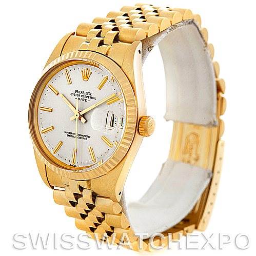 The image shows a side view of the Rolex Date 15037 Men's Yellow Gold Silver Dial 15037 Men's Yellow Gold Silver Dial model watch, highlighting its gold case, crown, bezel, dial, and bracelet.