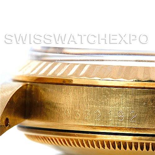 This is a close-up image showing the side view of the case and lugs of a Rolex Date 15037 Men's Yellow Gold Silver Dial 15037 Men's Yellow Gold Silver Dial model, highlighting the serial number.