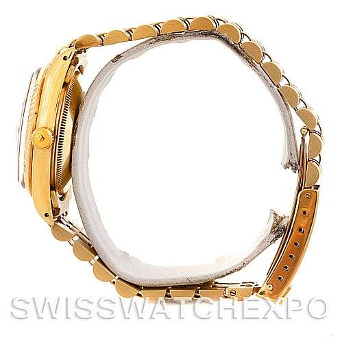 The image shows a side view of a Rolex Date 15037 Men's Yellow Gold Silver Dial 15037 Men's Yellow Gold Silver Dial model watch, displaying its bracelet, case, and crown.