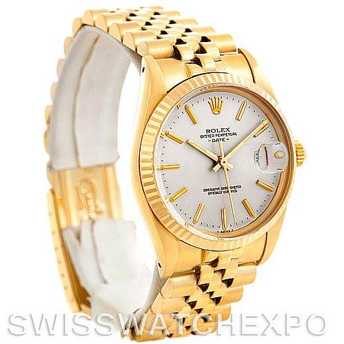 The image shows a Rolex Date 15037 Men's Yellow Gold Silver Dial 15037 Men's Yellow Gold Silver Dial model watch at an angled side view, highlighting the bracelet, bezel, dial, and crown.
