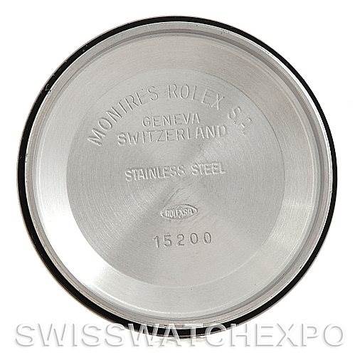 The image shows the inner case back of a Rolex Date 15210 Men's Stainless Steel Black Dial 15210 Men's Stainless Steel Black Dial model, displaying the brand details and model number "15200."