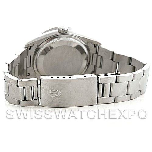 The image shows the backside of a Rolex Date 15210 Men's Stainless Steel Black Dial 15210 Men's Stainless Steel Black Dial watch, focusing on the clasp and bracelet.