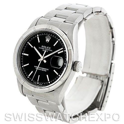 The image shows a Rolex Date 15210 Men's Stainless Steel Black Dial 15210 Men's Stainless Steel Black Dial model watch from a front-left angle, highlighting its black dial, bezel, crown, and bracelet.