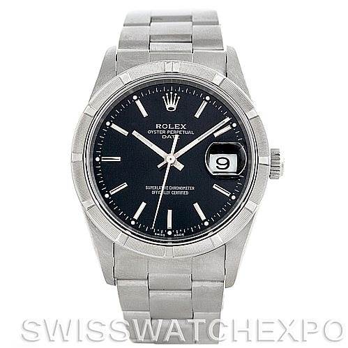 The image shows a front view of a Rolex Date 15210 Men's Stainless Steel Black Dial 15210 Men's Stainless Steel Black Dial model watch, highlighting its dial, bezel, bracelet, and date magnifier.