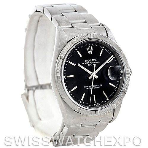 This image shows a Rolex Date 15210 Men's Stainless Steel Black Dial 15210 Men's Stainless Steel Black Dial model watch from an angled side view, highlighting its stainless steel bracelet, black dial, and date magnifier.