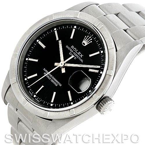 The image shows a Rolex Date 15210 Men's Stainless Steel Black Dial 15210 Men's Stainless Steel Black Dial model watch at a slight angle, highlighting the dial, bezel, crown, and part of the bracelet.