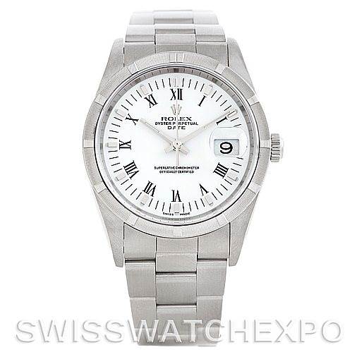 This image displays a front view of a Rolex Date 15210 Men's Stainless Steel White Dial 15210 Men's Stainless Steel White Dial model watch, showing the dial, case, bracelet, and date window.