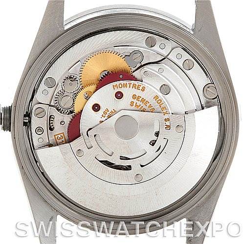 This image shows the back view of a Rolex Date 15210 Men's Stainless Steel White Dial 15210 Men's Stainless Steel White Dial model, displaying the watch's internal movement and mechanism.
