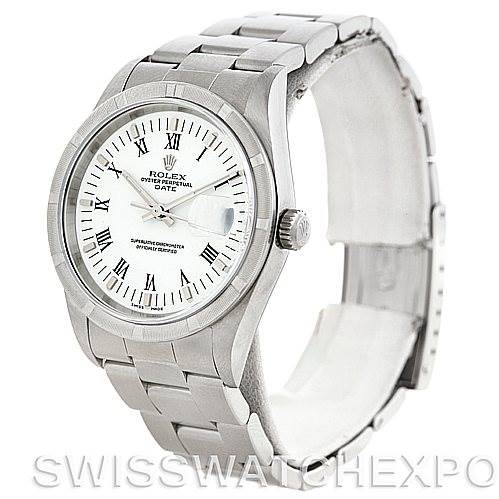 The image shows a Rolex Date 15210 Men's Stainless Steel White Dial 15210 Men's Stainless Steel White Dial model watch at a slight angle with the face, bezel, and bracelet clearly visible.