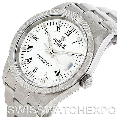 This image shows a Rolex Date 15210 Men's Stainless Steel White Dial 15210 Men's Stainless Steel White Dial model watch angled slightly from the front, showcasing its dial, bezel, crown, and bracelet.