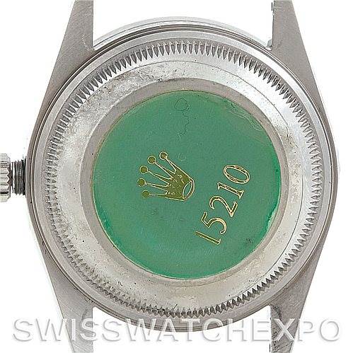 The image shows the case back and part of the crown of a Rolex Date 15210 Men's Stainless Steel White Dial 15210 Men's Stainless Steel White Dial model watch.