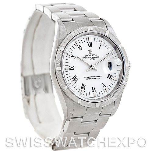 This image shows a Rolex Date 15210 Men's Stainless Steel White Dial 15210 Men's Stainless Steel White Dial watch from an angled front view, highlighting the face, case, and bracelet.