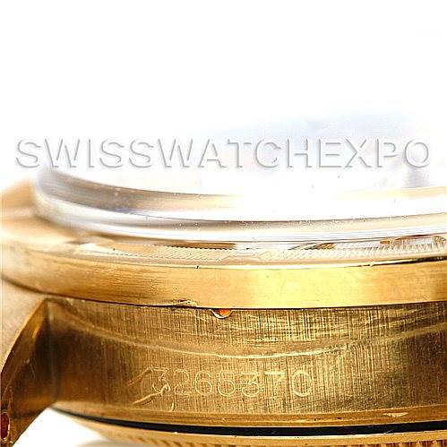 This image shows a close-up of the case side and bezel of a Rolex Date 1501 Men
s Yellow Gold Silver Dial 1501 Men
s Yellow Gold Silver Dial model watch, with the engraving clearly visible.