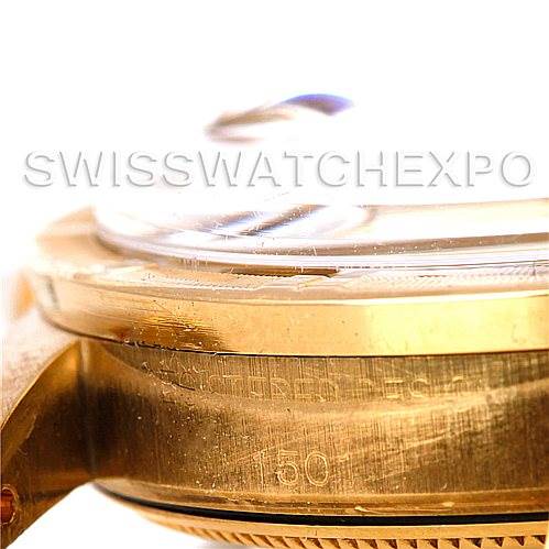 This image shows a close-up side angle of the Rolex Date 1501 Men
s Yellow Gold Silver Dial 1501 Men
s Yellow Gold Silver Dial model, focusing on the case, bezel, and crystal.