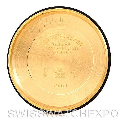 This image shows the inside of the case back of a Rolex Date 1501 Men
s Yellow Gold Silver Dial 1501 Men
s Yellow Gold Silver Dial model watch.
