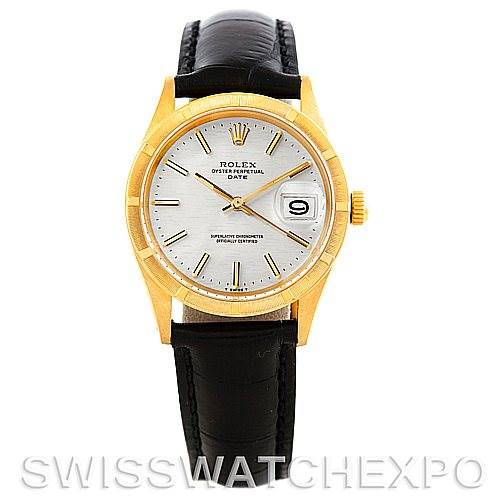 The image shows a front view of a Rolex Date 1501 Men
s Yellow Gold Silver Dial 1501 Men
s Yellow Gold Silver Dial model watch with a gold case, white dial, and black leather strap.
