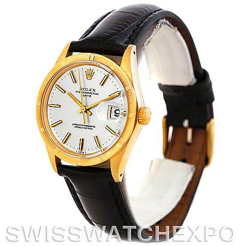 The image shows a Rolex Date 1501 Men
s Yellow Gold Silver Dial 1501 Men
s Yellow Gold Silver Dial model watch at a 3/4 angle, highlighting its face, bezel, crown, and leather strap.