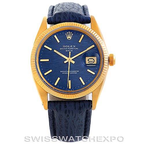 The image shows a front view of a Rolex Date 1500 Men's Yellow Gold Blue Dial 1500 Men's Yellow Gold Blue Dial model watch, highlighting its blue dial, gold case, and blue leather strap.