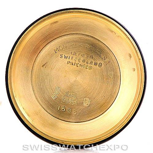 This image shows the inside case back of a Rolex Date 1500 Men's Yellow Gold Blue Dial 1500 Men's Yellow Gold Blue Dial model watch.