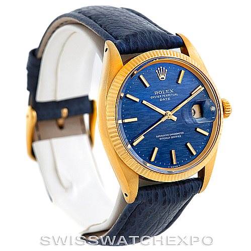 The image shows a Rolex Date 1500 Men's Yellow Gold Blue Dial 1500 Men's Yellow Gold Blue Dial model watch at a three-quarter angle, highlighting the blue dial, gold case, and blue leather strap.