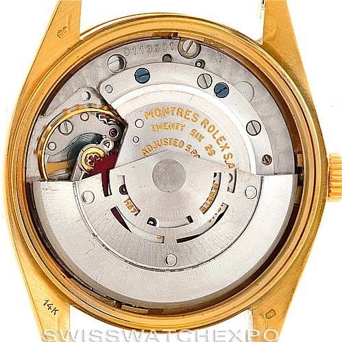 This image shows the internal mechanism and movement parts of a Rolex Date 1503 Men's Yellow Gold Brown Dial 1503 Men's Yellow Gold Brown Dial model watch, viewed from the back.